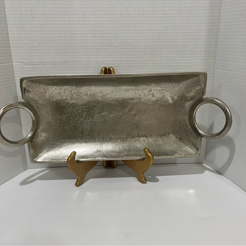 Silver Tone Decorative Rectangular Silver Tabletop/Server Tray w/ Round Handles
